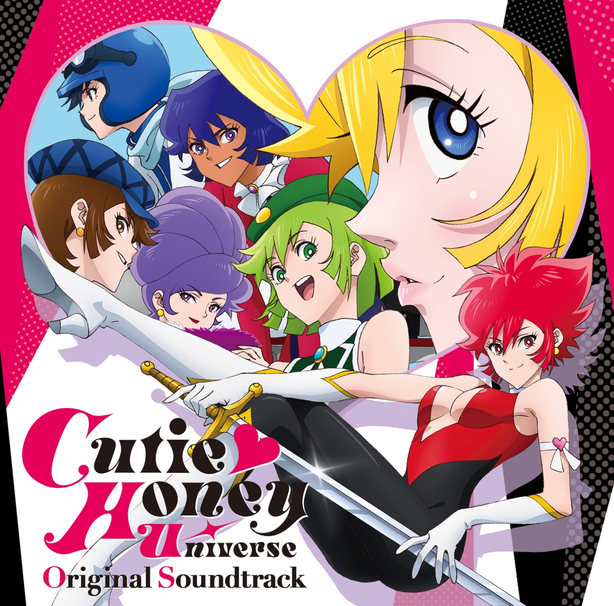 cleavage, cutie_honey_universe, digital_version, disc_cover, heels, no_bra, sword