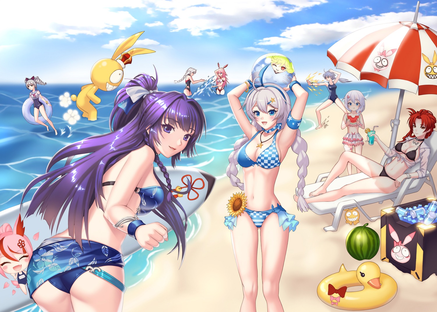 animal_ears, ass, benghuai_xueyuan, bikini, bronya_zaychik, bunny_ears, cleavage, fu_hua, honkai_impact, kallen_kaslana, kiana_kaslana, murata_himeko, open_shirt, raiden_mei, school_swimsuit, swimsuits, theresa_apocalypse, turna98, wet, yae_sakura_(benghuai_xueyuan)
