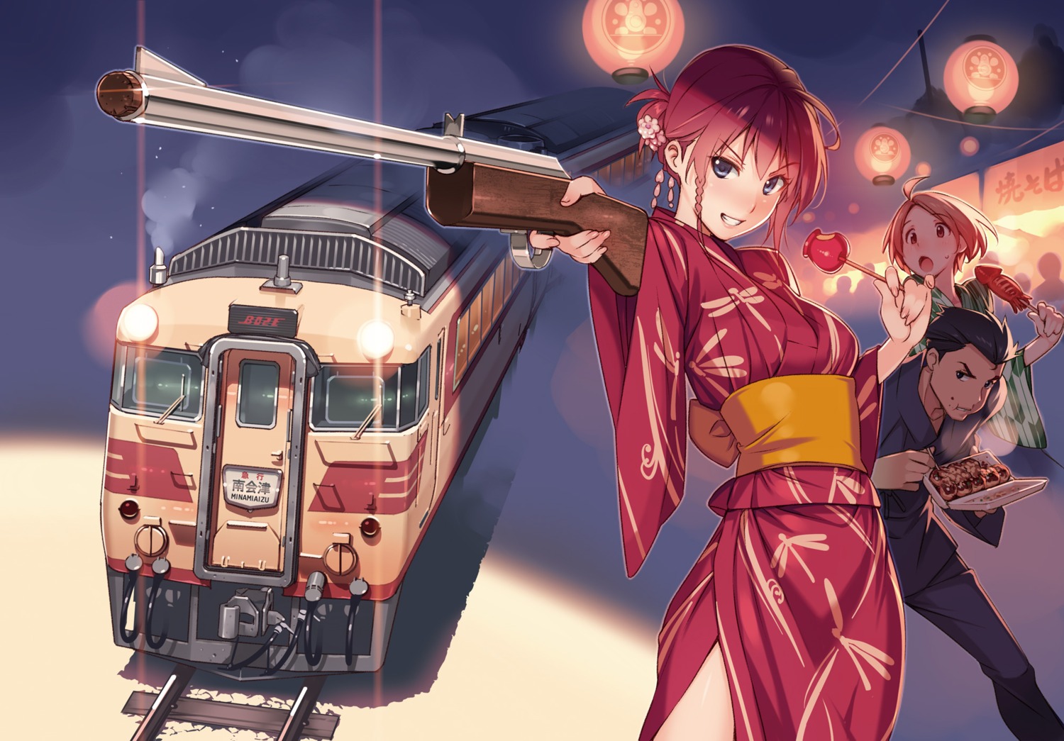 gun, iwaizumi_shou, rail_wars!, sakurai_aoi_(rail_wars!), sasshou_mari, vania600, yukata