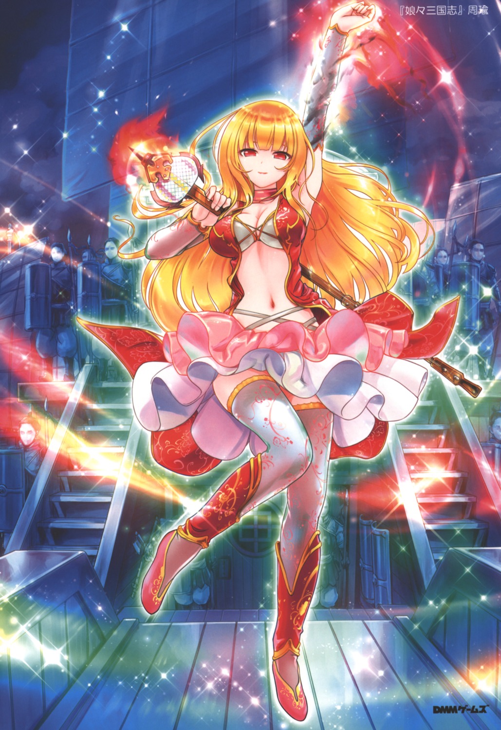 carina_(xiao_woo), cleavage, thighhighs, weapon