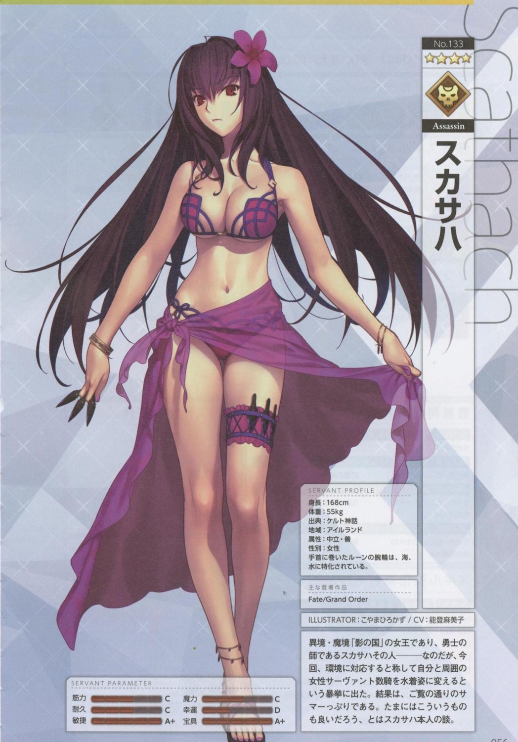 bikini, binding_discoloration, cleavage, fate/grand_order, garter, koyama_hirokazu, profile_page, scathach_(fate)
