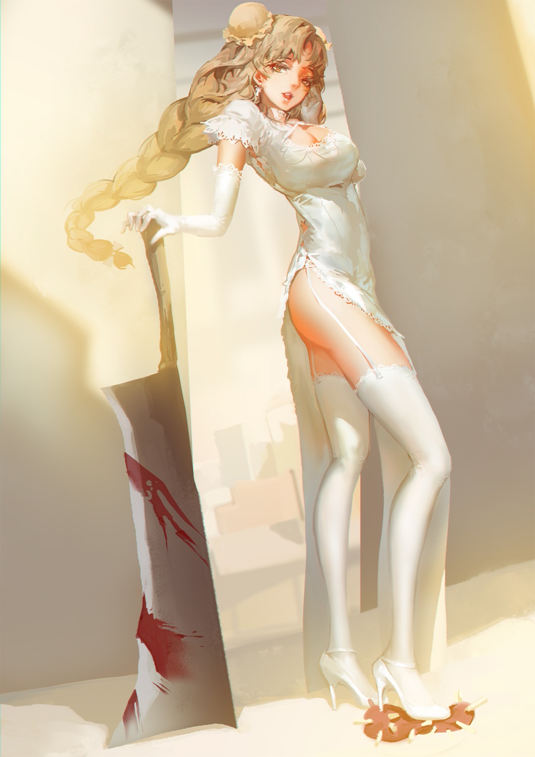 blackrabbitsoul, blood, cleavage, dress, hataraku_saibou, heels, macrophage_(hataraku_saibou), stockings, thighhighs, weapon