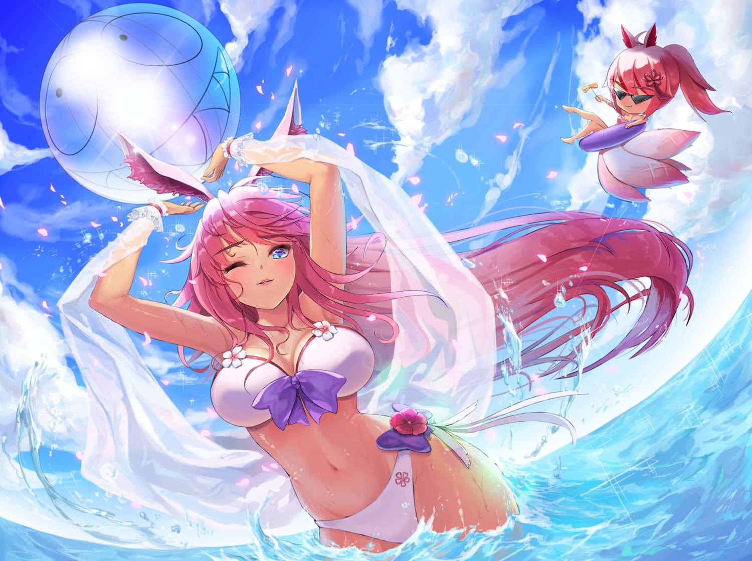 animal_ears, benghuai_xueyuan, bikini, bunny_ears, cleavage, honkai_impact, kyo_(user_jpfr5738), swimsuits, wet, yae_sakura_(benghuai_xueyuan)