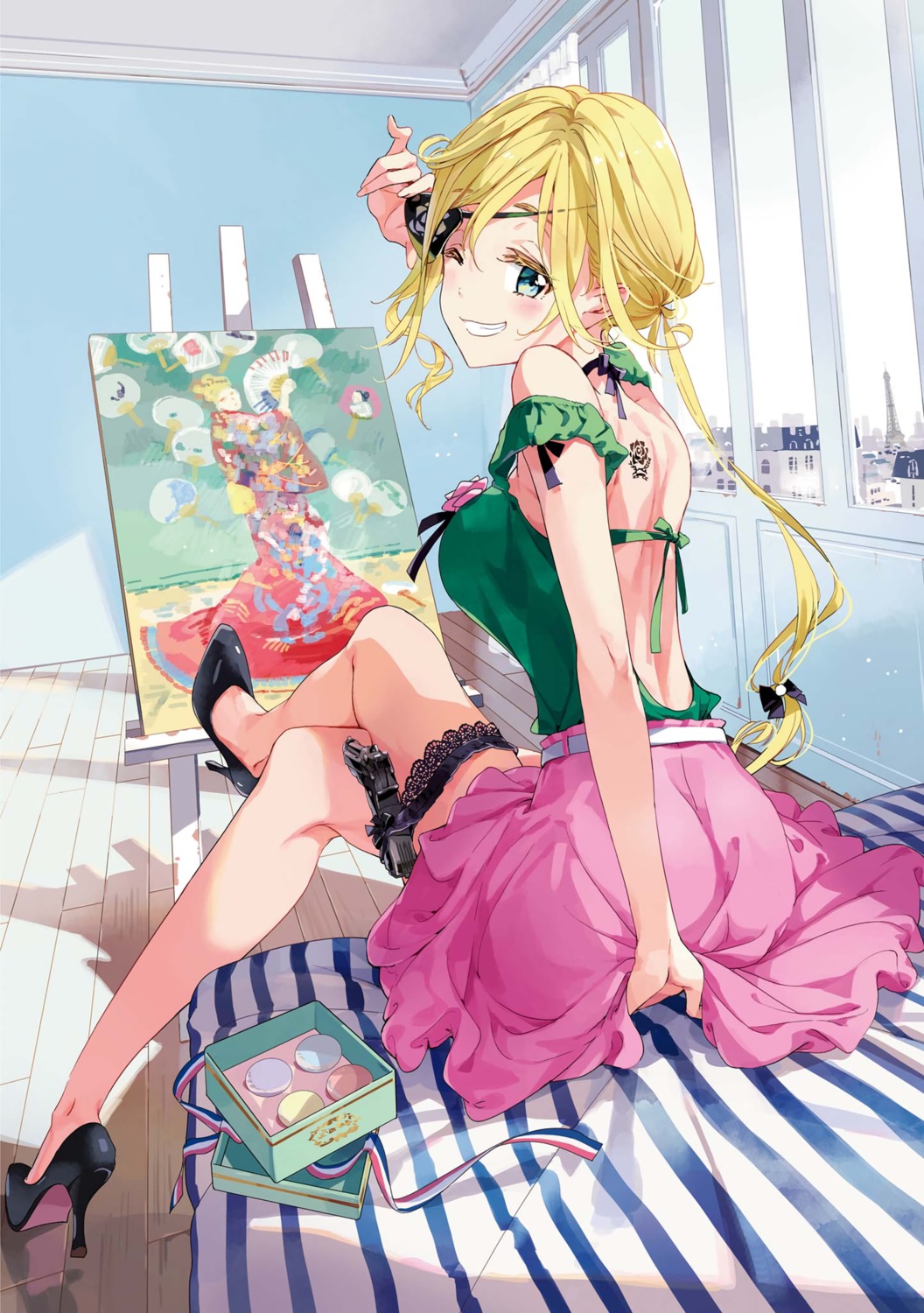 eyepatch, garter, gun, heels, masamune-kun_no_revenge, muriel_besson, no_bra, tattoo, tiv