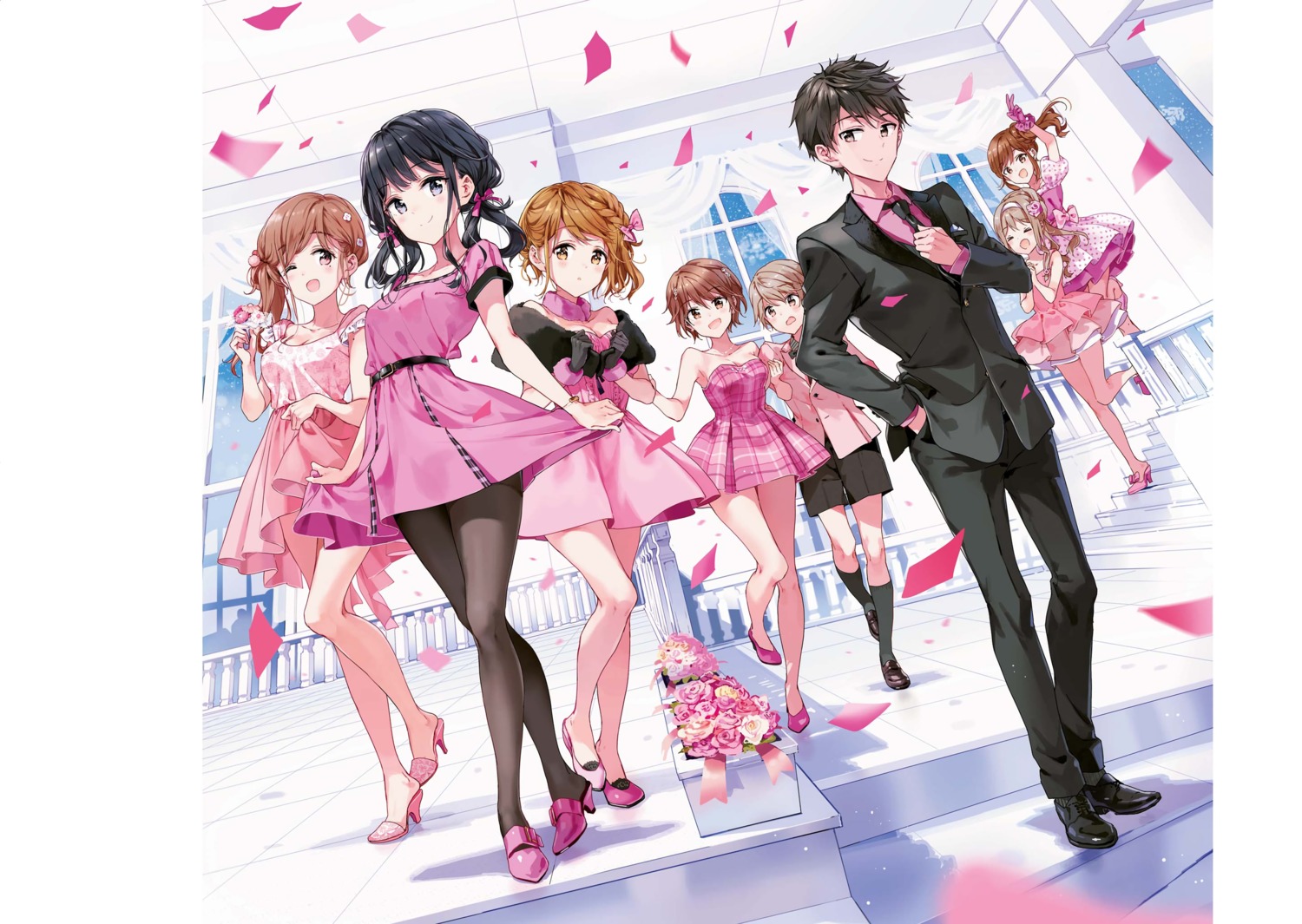 adagaki_aki, business_suit, cleavage, dress, fujinomiya_neko, futaba_tae, heels, koiwai_yoshino