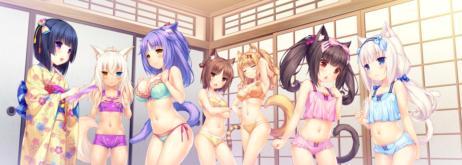 animal_ears, azuki, bra, breast_hold, chocola, cinnamon_(nekopara), cleavage, coconut, game_cg, heterochromia, lingerie, maple_(nekopara), minaduki_shigure, neko_works, nekomimi, nekopara, pantsu, sayori, string_panties, tail, vanilla, yukata