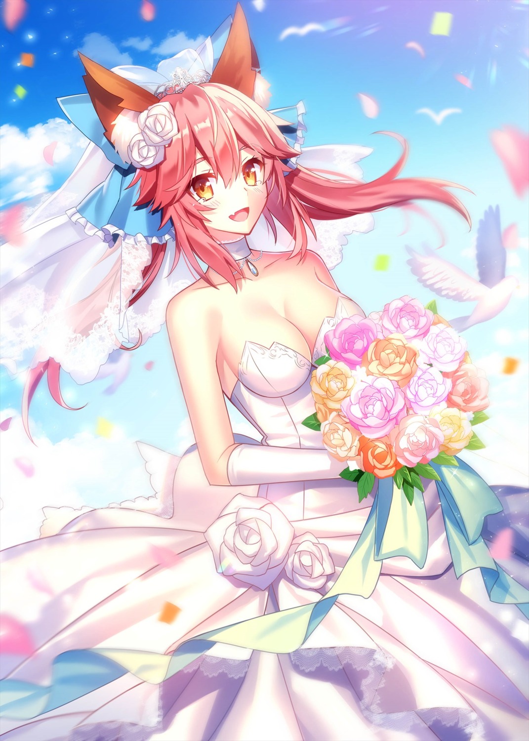animal_ears, cleavage, dress, fate/grand_order, fuyuki_(neigedhiver), tamamo_no_mae, wedding_dress