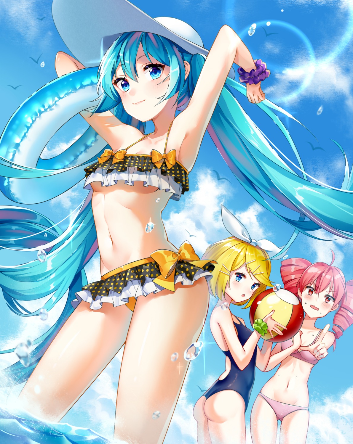 ass, bikini, breast_hold, cleavage, hatsune_miku, ihachisu, kagamine_rin, kasane_teto