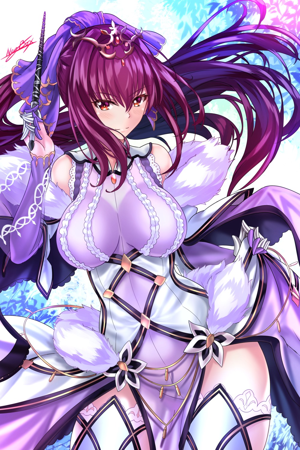 dress, fate/grand_order, nez-kun, scathach_skadi, skirt_lift, thighhighs, weapon