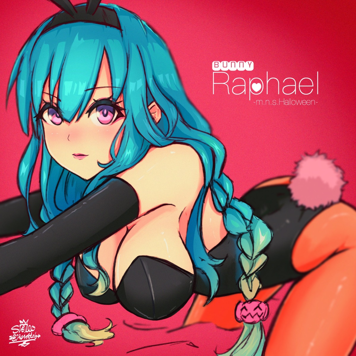 animal_ears, bunny_ears, bunny_girl, cleavage, monster_strike, pantyhose, raphael_(monster_strike), sheru_maru., tail