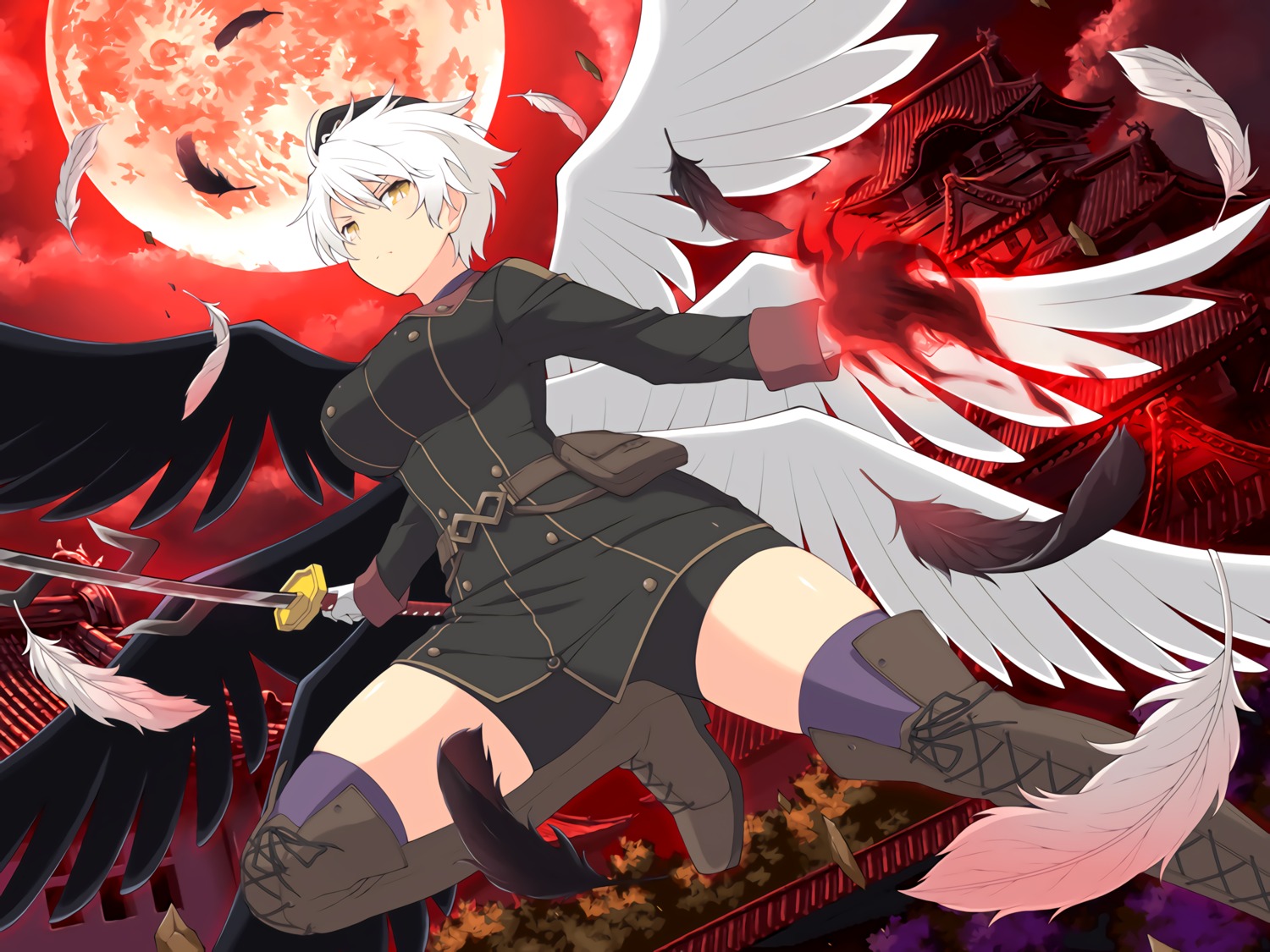 bike_shorts, miyabi_(senran_kagura), senran_kagura, sword, thighhighs, uniform, wallpaper, wings