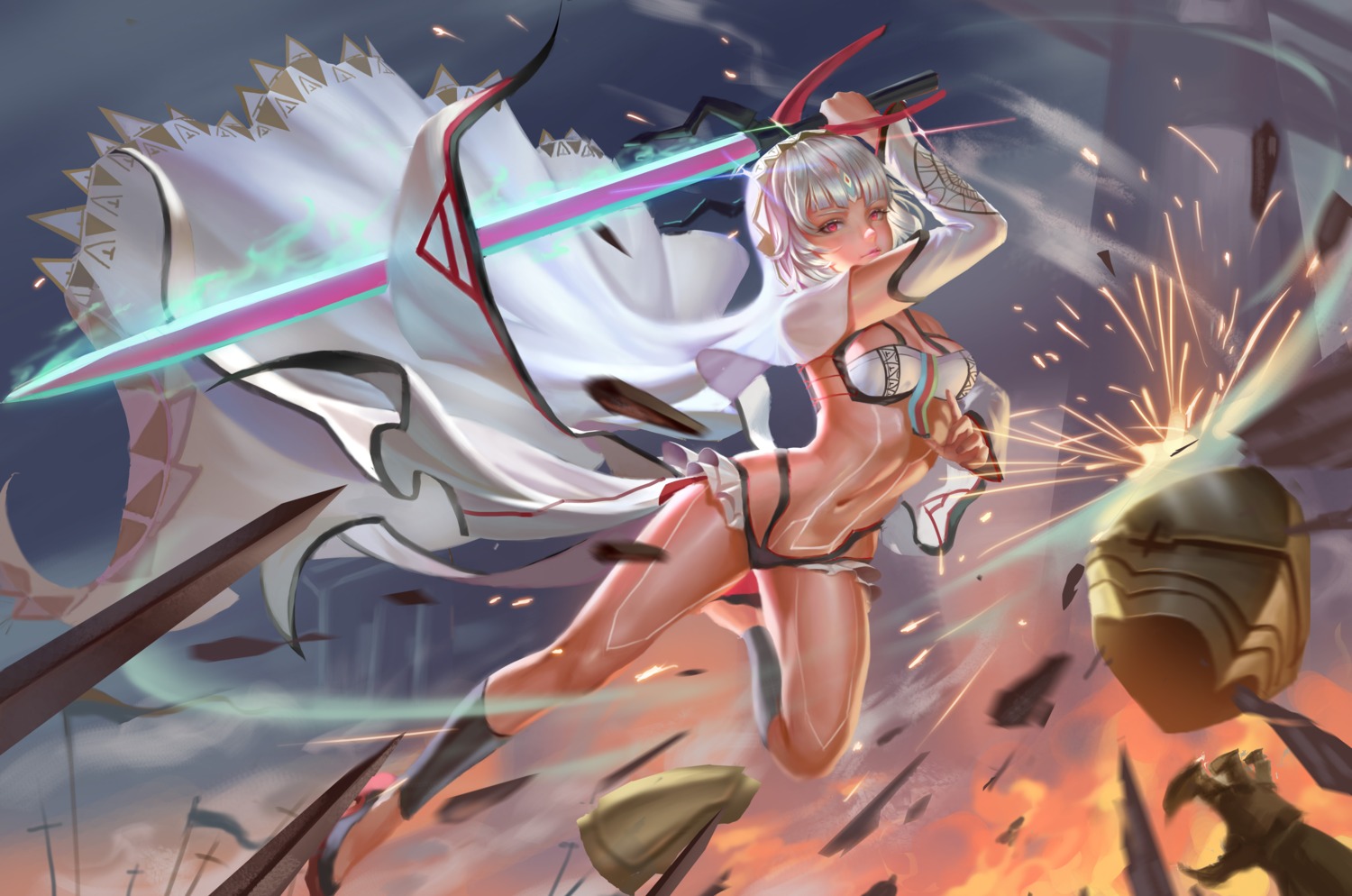 attila_(fate/grand_order), bikini_armor, cleavage, fate/grand_order, god_hunter, heels, sword, tattoo
