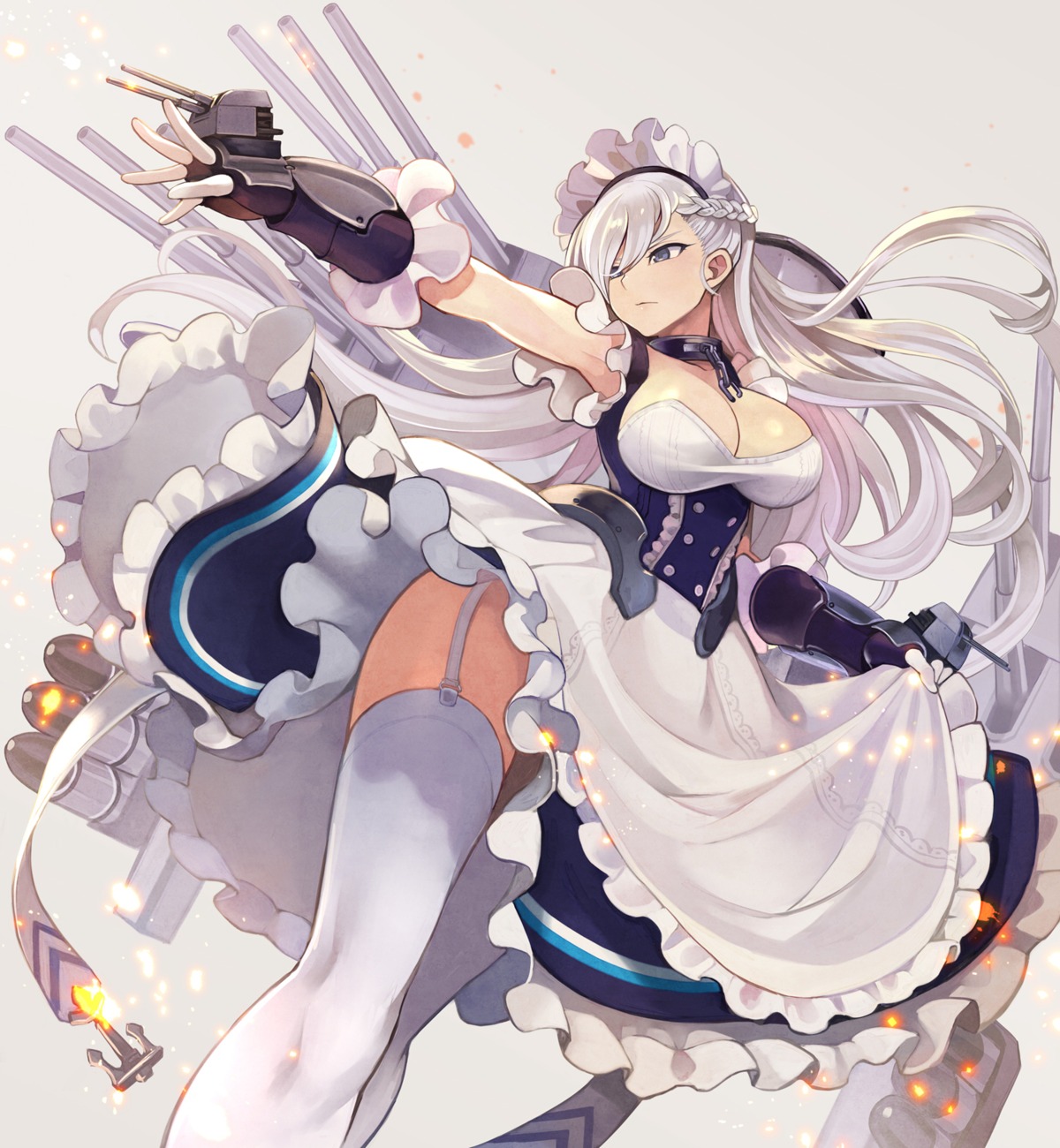azur_lane, belfast_(azur_lane), cleavage, maid, skirt_lift, stockings, thighhighs, weapon