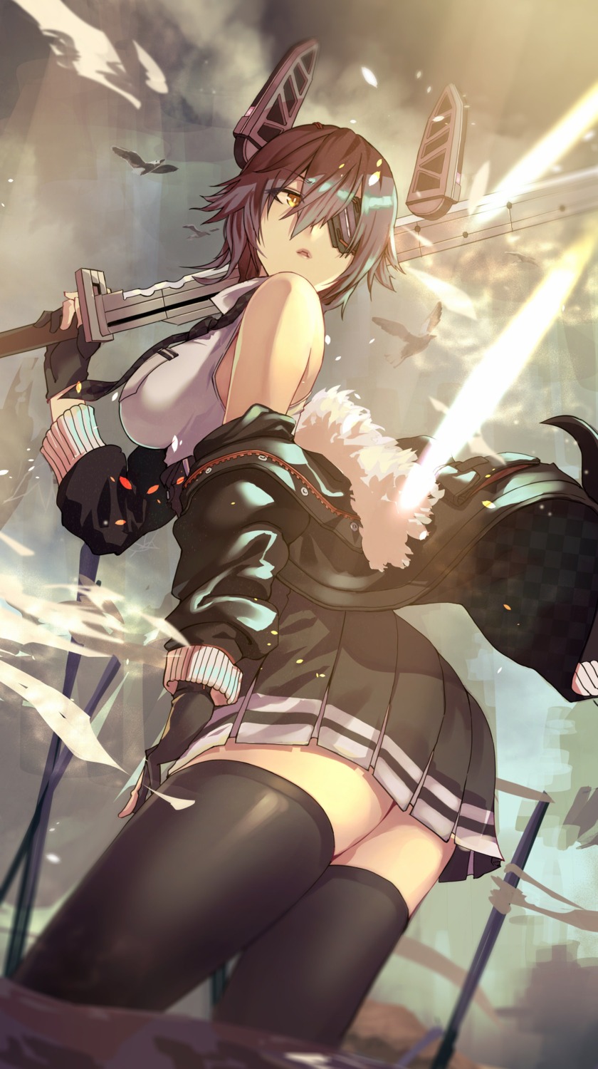 eyepatch, fujita_(condor), kantai_collection, sword, tenryuu_(kancolle), thighhighs, wet