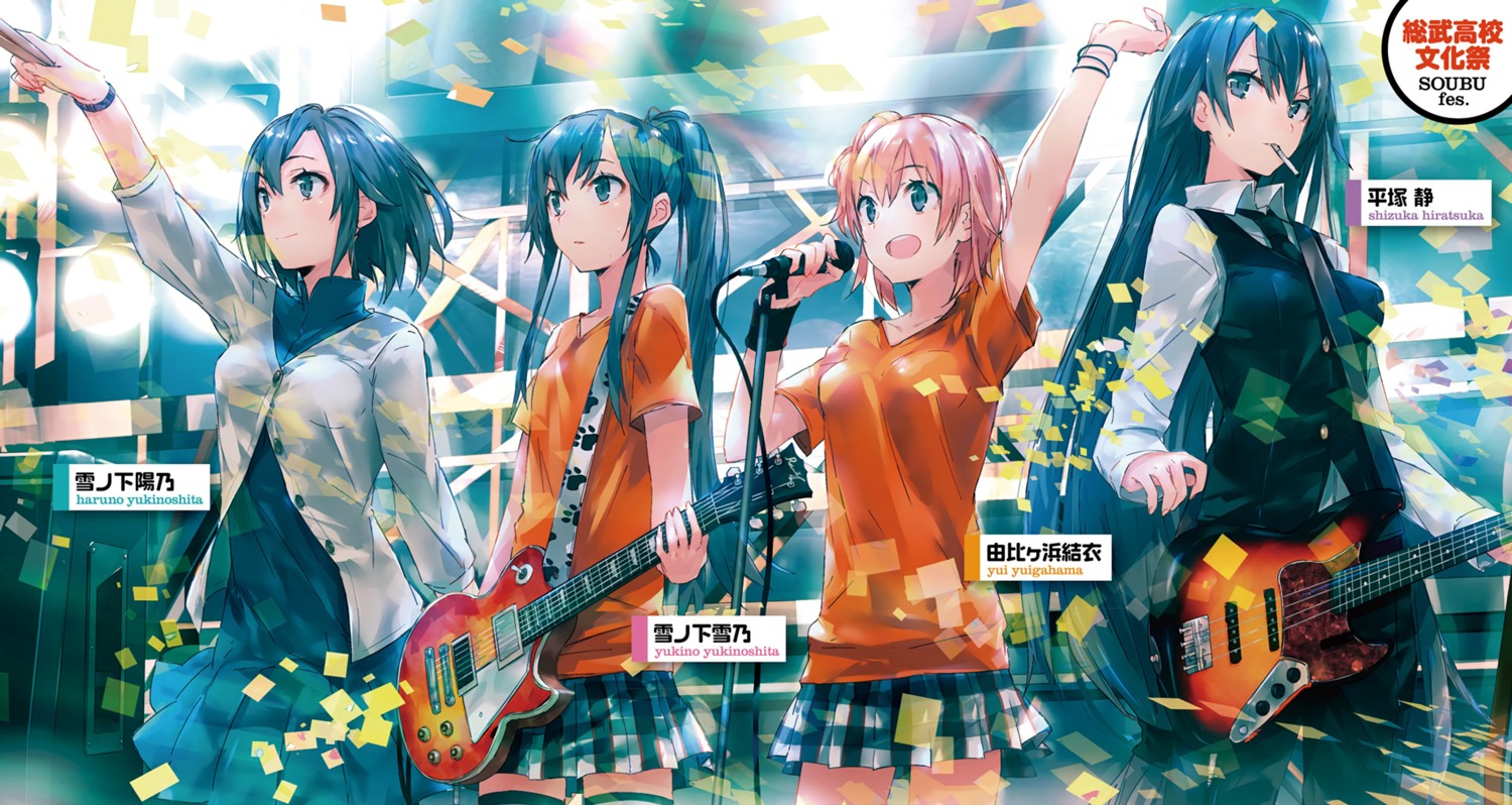 business_suit, crossdress, guitar, hiratsuka_shizuka, ponkan_8, possible_duplicate, smoking, thighhighs, yahari_ore_no_seishun_lovecome_wa_machigatteiru., yuigahama_yui, yukinoshita_haruno, yukinoshita_yukino