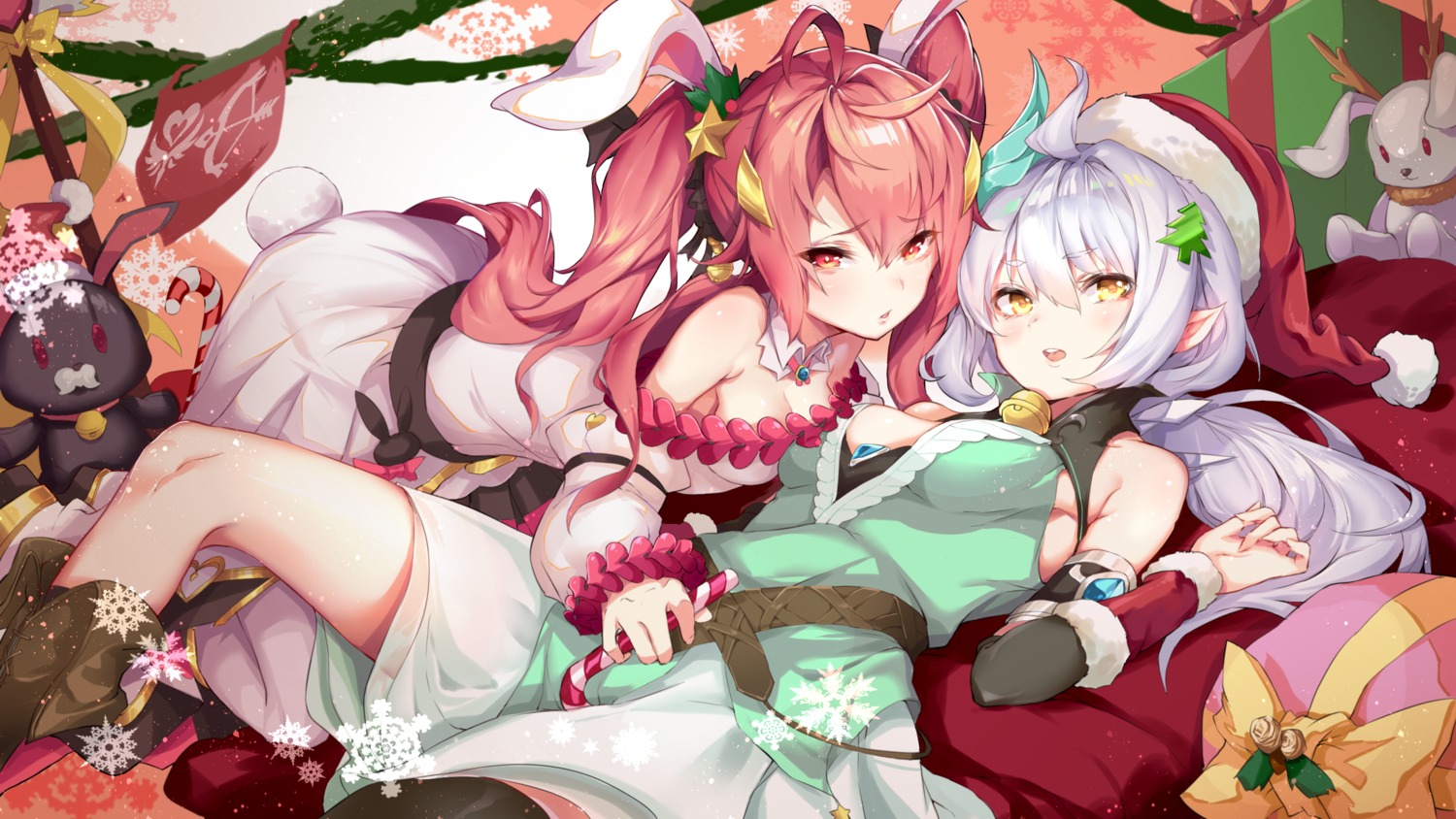 10_project, animal_ears, bunny_ears, christmas, cleavage, dress, pointy_ears, shanyao_jiang_tororo, tail, wallpaper