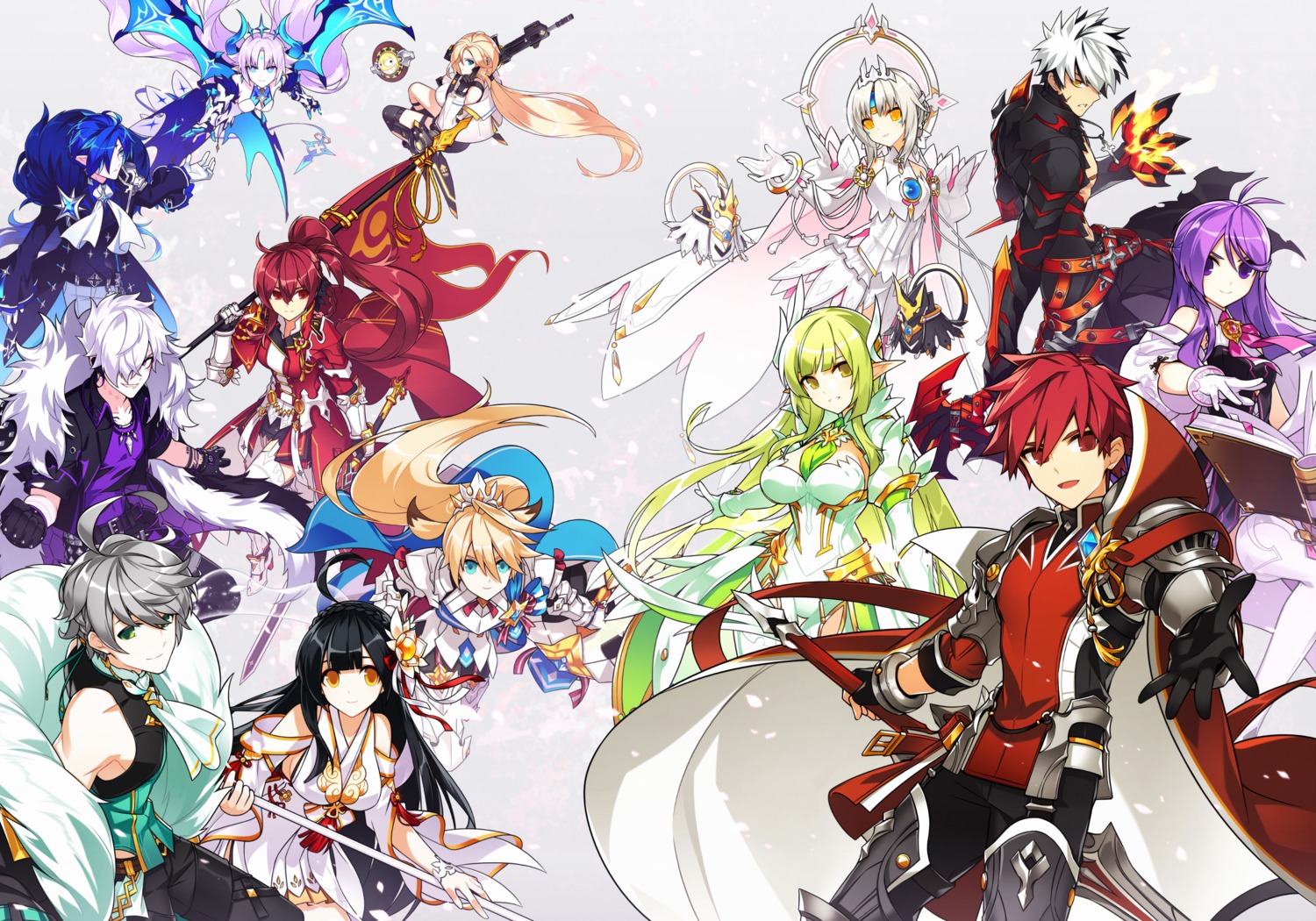 add_(elsword), ainchase_ishmael, aisha_(elsword), ara_haan, armor, chung_(elsword), ciel_(elsword), elesis, elsword, elsword_(elsword), eve_(elsword), gun, heels, lu_(elsword), pointy_ears, raven_(elsword), rena_(elsword), ress, rose_(elsword), stockings, sword, thighhighs, weapon, wings