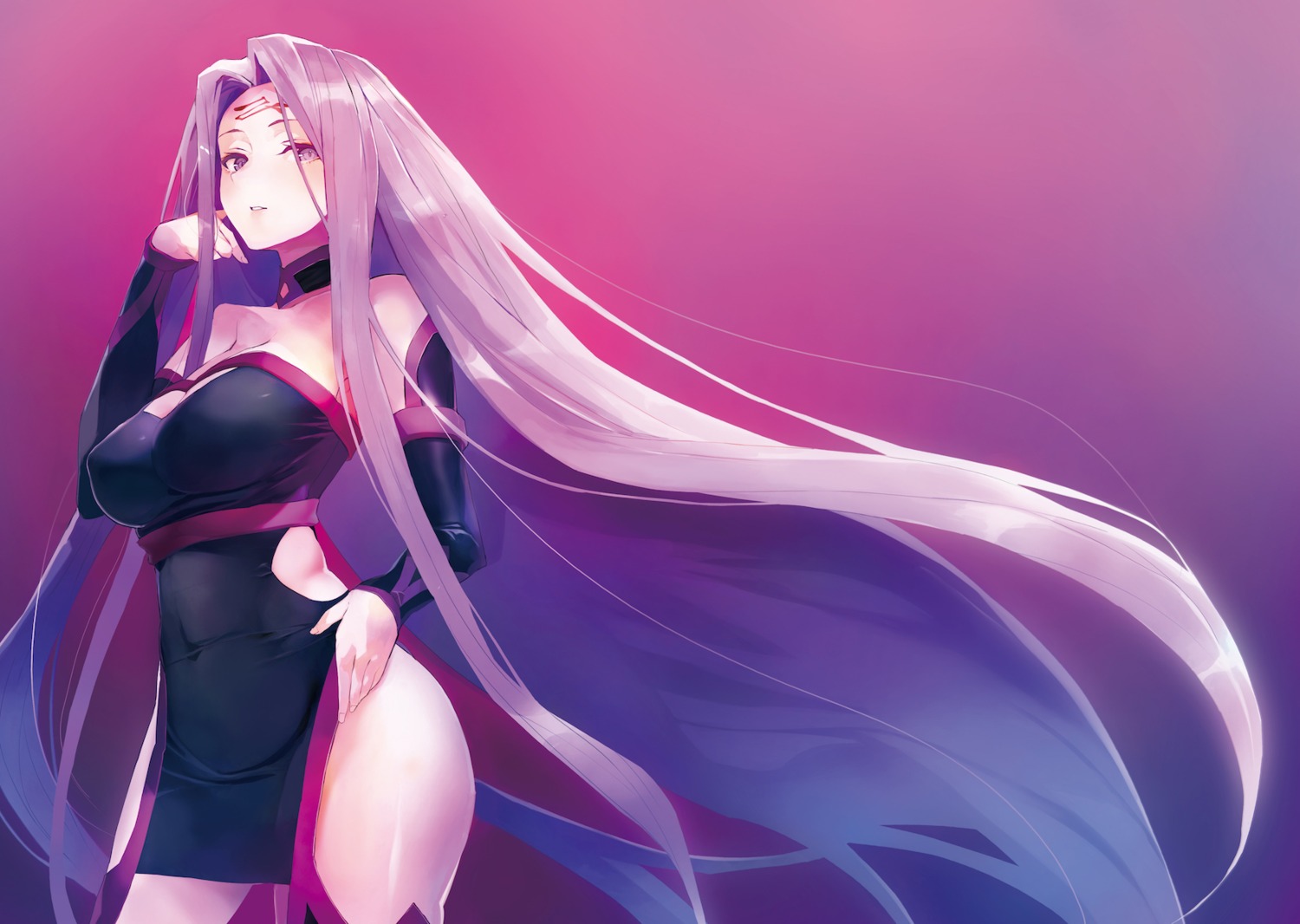 cleavage, dress, fate/grand_order, fate/stay_night, medusa_(fate), stockings, taishi_(picchiridou), tattoo, thighhighs