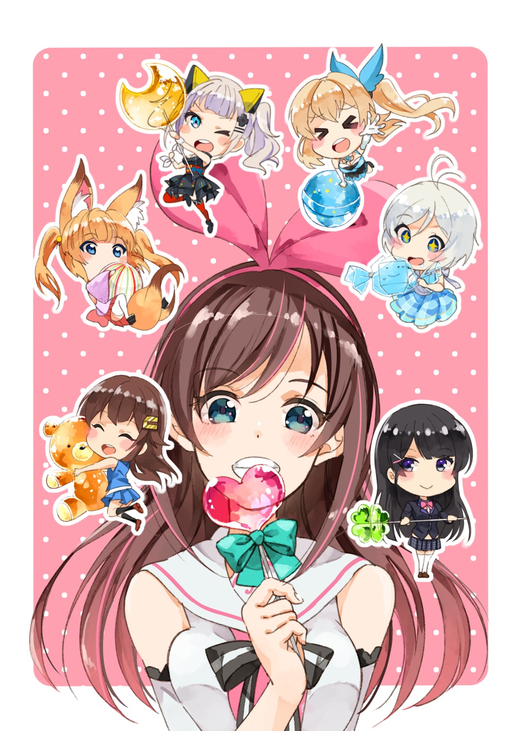 animal_ears, chibi, cleavage, crossover, dennou_shoujo_youtuber_shiro, hololive, japanese_clothes, kaguya_luna, kizuna_ai, kizuna_ai_inc., mirai_akari, mirai_akari_project, nijisanji, seifuku, shiro_(dennou_shoujo_youtuber_shiro), tail, the_moon_studio, thighhighs, tokino_sora, tsukino_mito, uminekoritorubasuta-zu