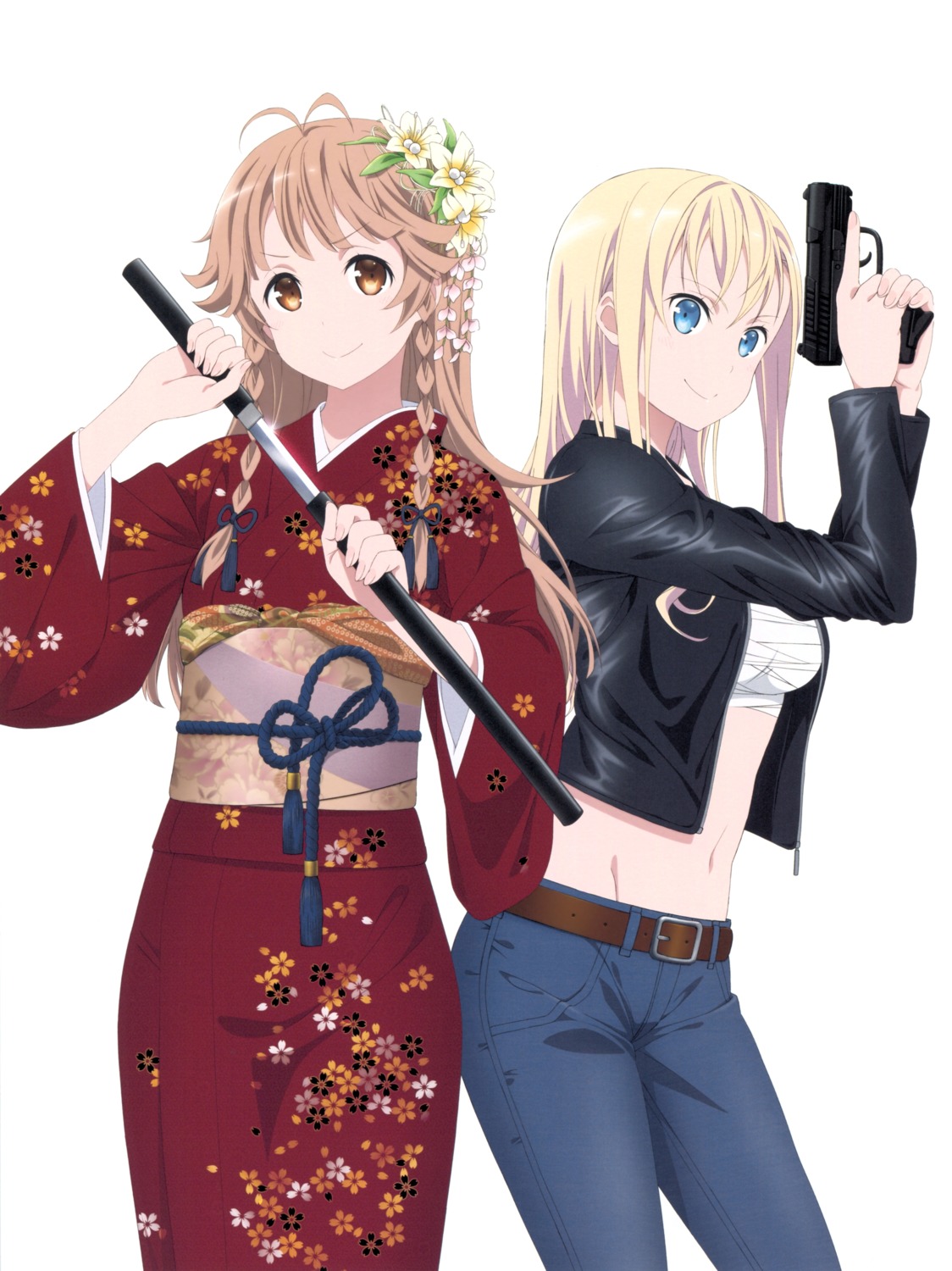 gun, high_school_fleet, kimono, nakamura_naoto, nosa_kouko, open_shirt, sarashi, sword