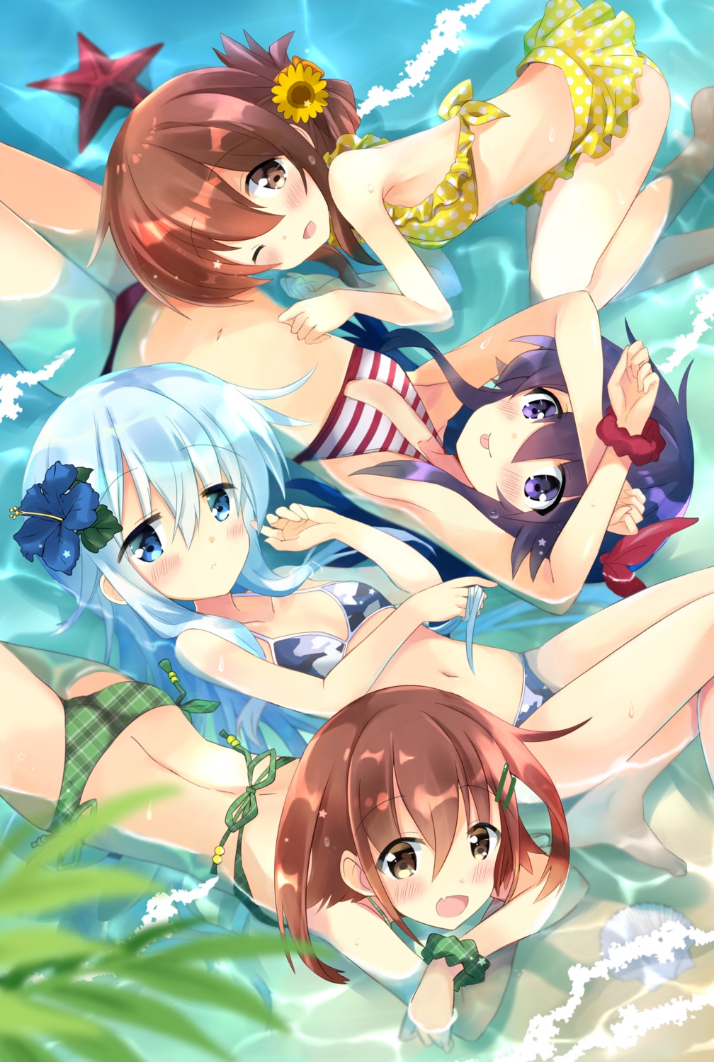 akatsuki_(kancolle), ass, bikini, cleavage, hibiki_(kancolle), hizuki_yayoi, ikazuchi_(kancolle), inazuma_(kancolle), kantai_collection, swimsuits, wet