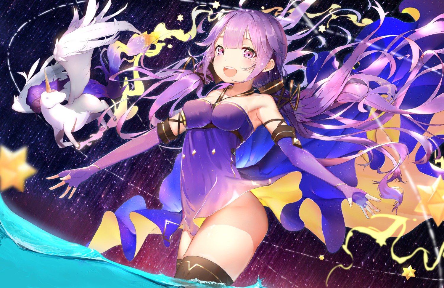 azur_lane, cosplay, dress, isaka_wasabi, skirt_lift, stardust_(vocaloid), thighhighs, unicorn_(azur_lane)