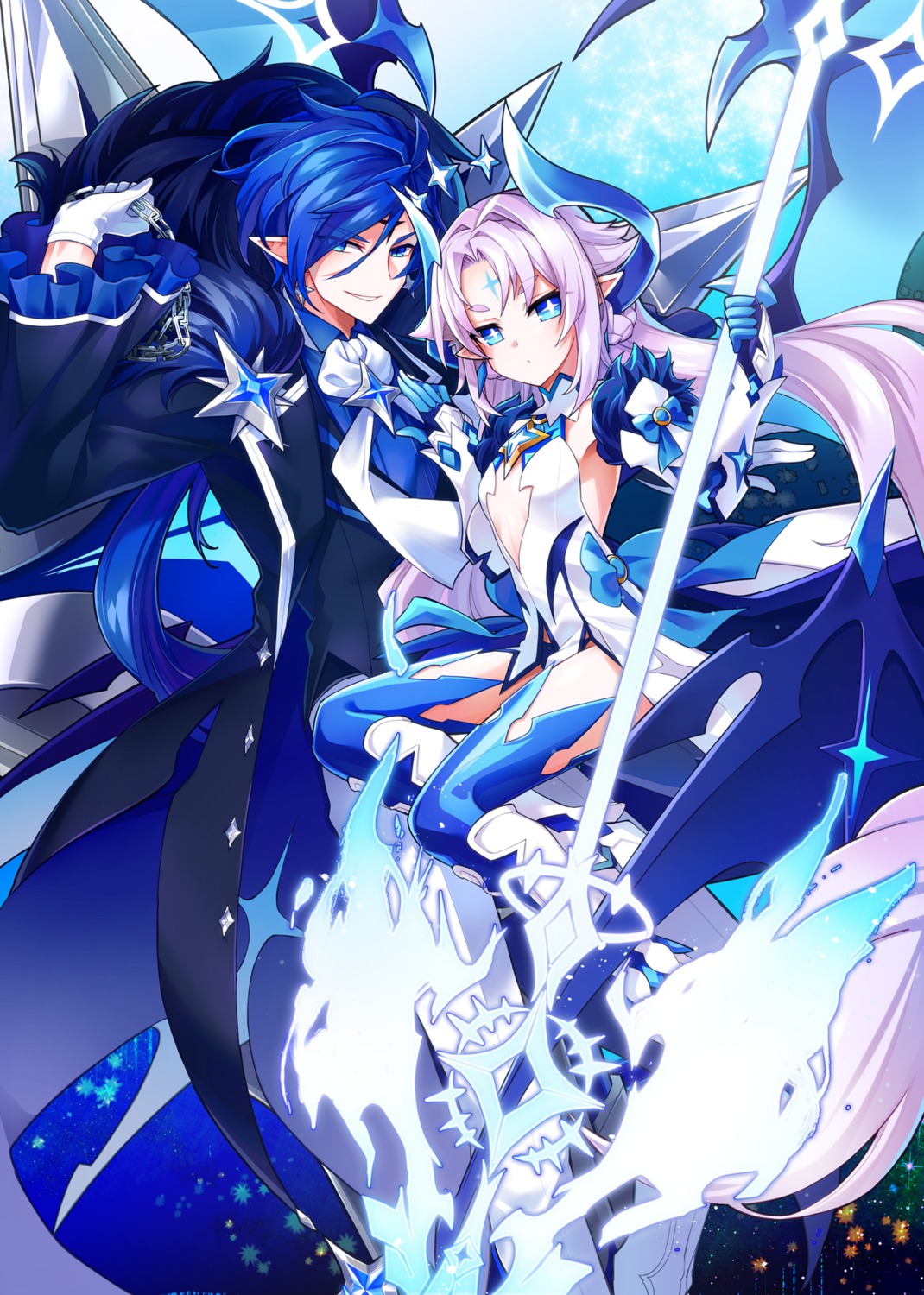 armor, ciel_(elsword), dress, elsword, horns, kuroshio_maki, lu_(elsword), no_bra