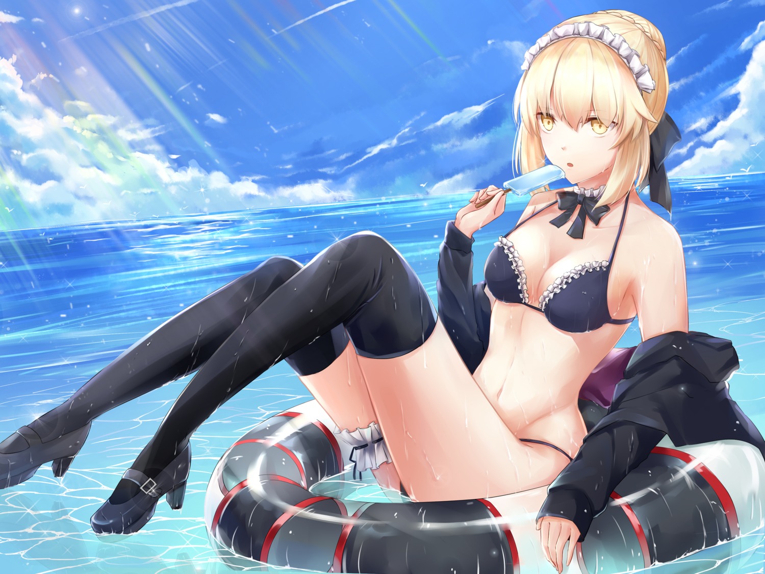 artoria_pendragon_(fate), artoria_pendragon_alter_(fate), bikini, cleavage, fate/grand_order, garter, heels, maid, slime_(user_jpds8754), swimsuits, thighhighs, wet