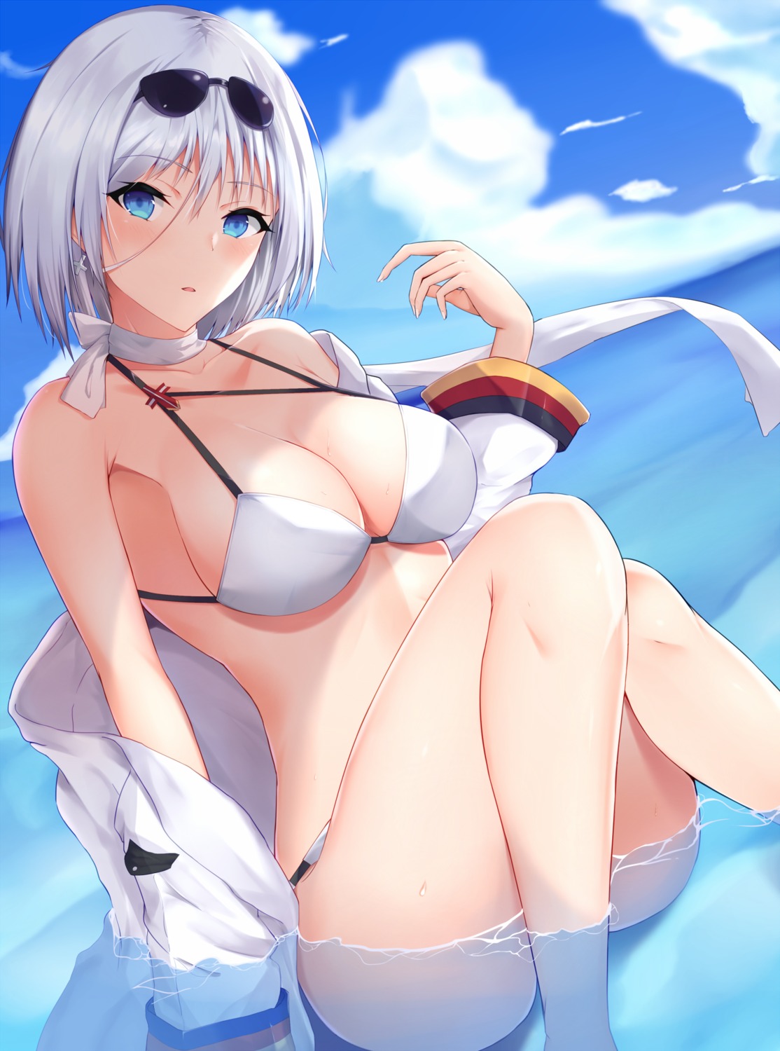 azur_lane, bikini, cleavage, megane, open_shirt, ranju_aira, swimsuits, tirpitz_(azur_lane), wet