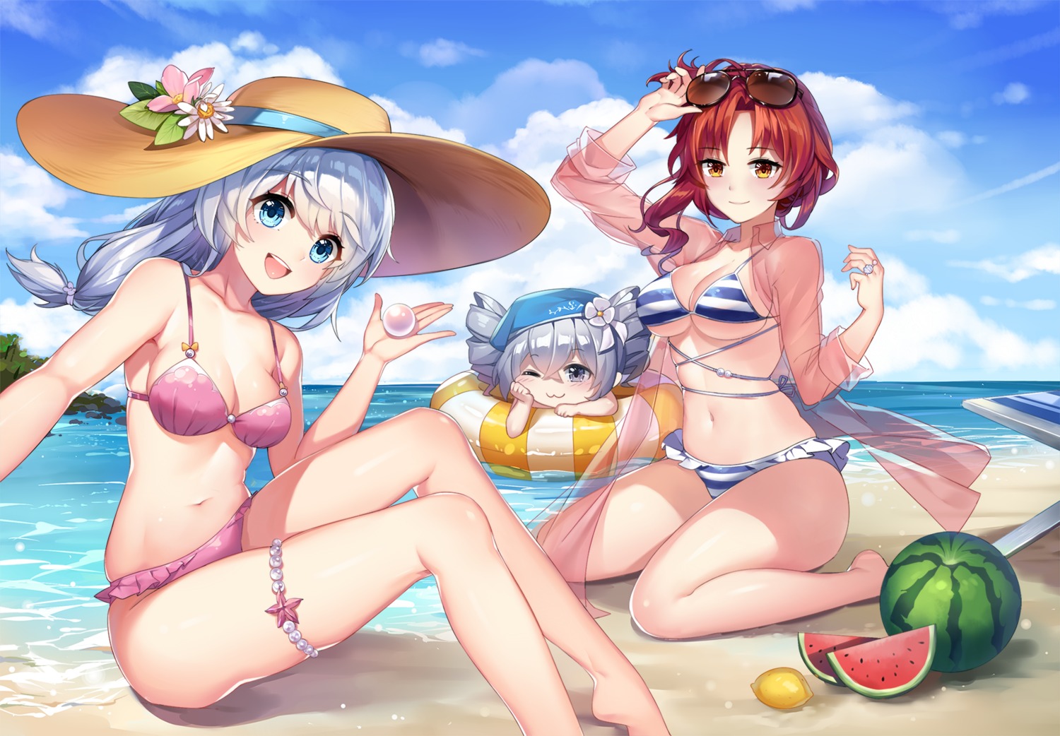 benghuai_xueyuan, bikini, bronya_zaychik, cleavage, garter, megane, murata_himeko, open_shirt