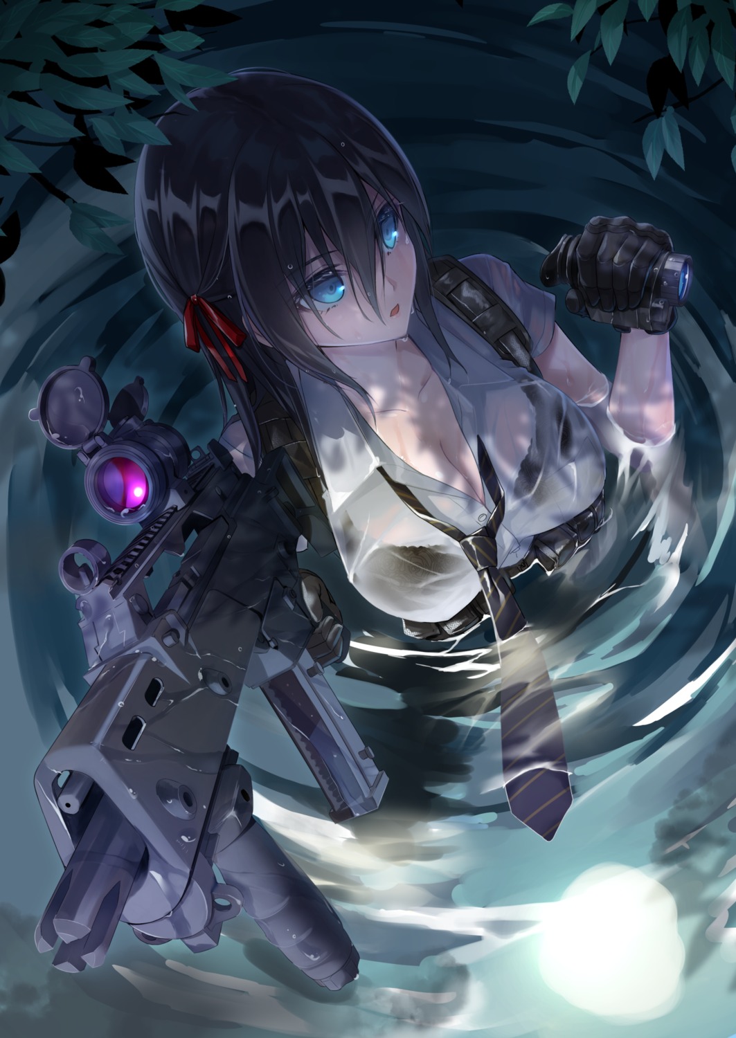 bra, cleavage, gun, meso-meso, see_through, seifuku, wet, wet_clothes