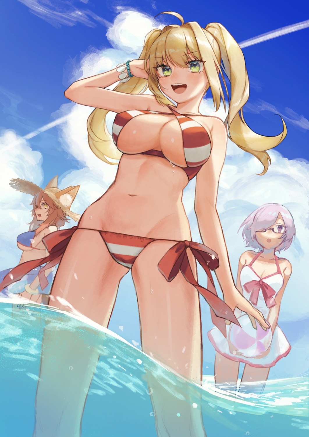 animal_ears, bikini, cleavage, fate/grand_order, mash_kyrielight, megane, nero_claudius_(fate), swimsuits