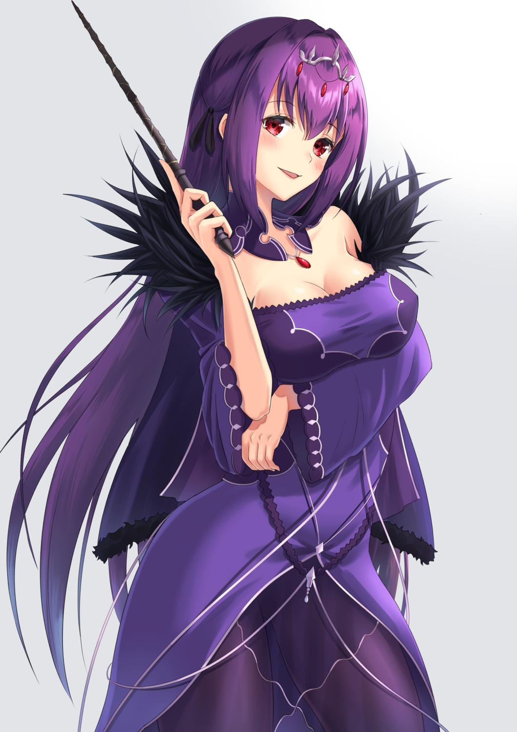 breast_hold, cleavage, dress, fate/grand_order, furan_(pixiv20237436), pantyhose, scathach_skadi, weapon