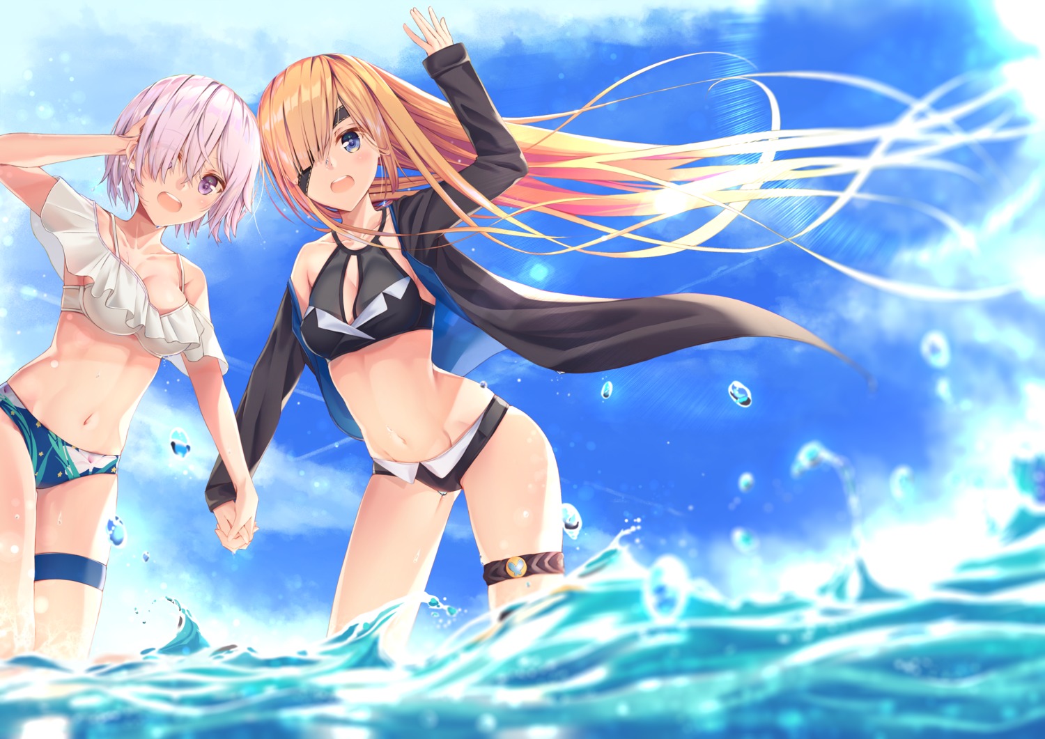 bikini, cleavage, eyepatch, fate/grand_order, garter, mash_kyrielight, open_shirt, ophelia_phamrsolone