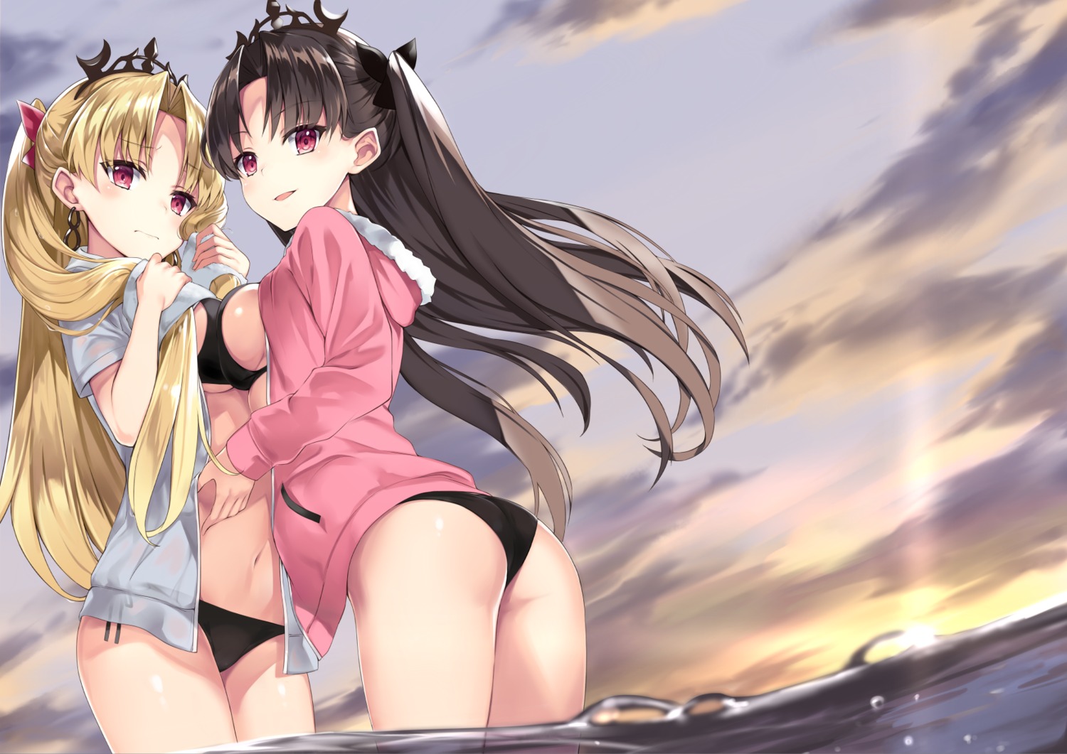 ass, bikini, ereshkigal_(fate), fate/grand_order, ishtar_(fate), mafu9, open_shirt, see_through, swimsuits, symmetrical_docking, wet