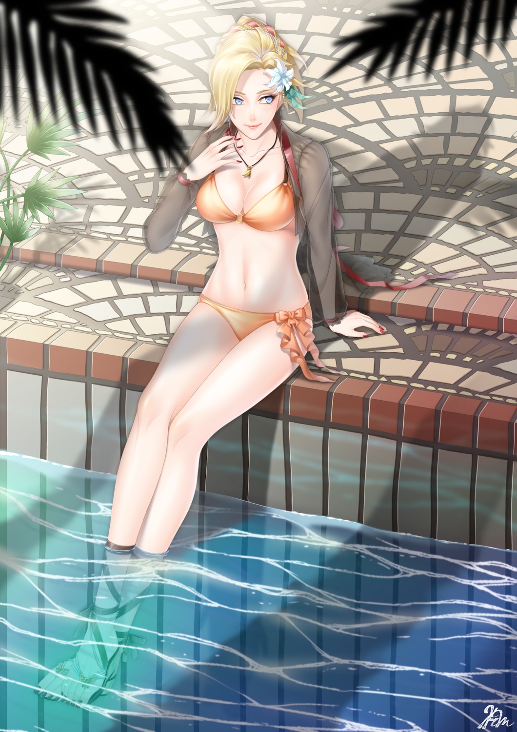 bikini, cleavage, kuzunue, mercy_(overwatch), open_shirt, overwatch, see_through, swimsuits