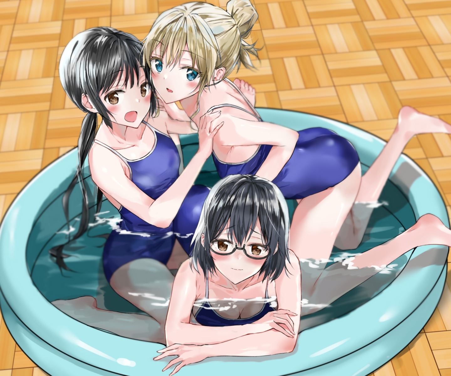 asobi_asobase, cleavage, fujisaki_ribbon, honda_hanako, megane, nomura_kasumi, olivia_(asobi_asobase), school_swimsuit
