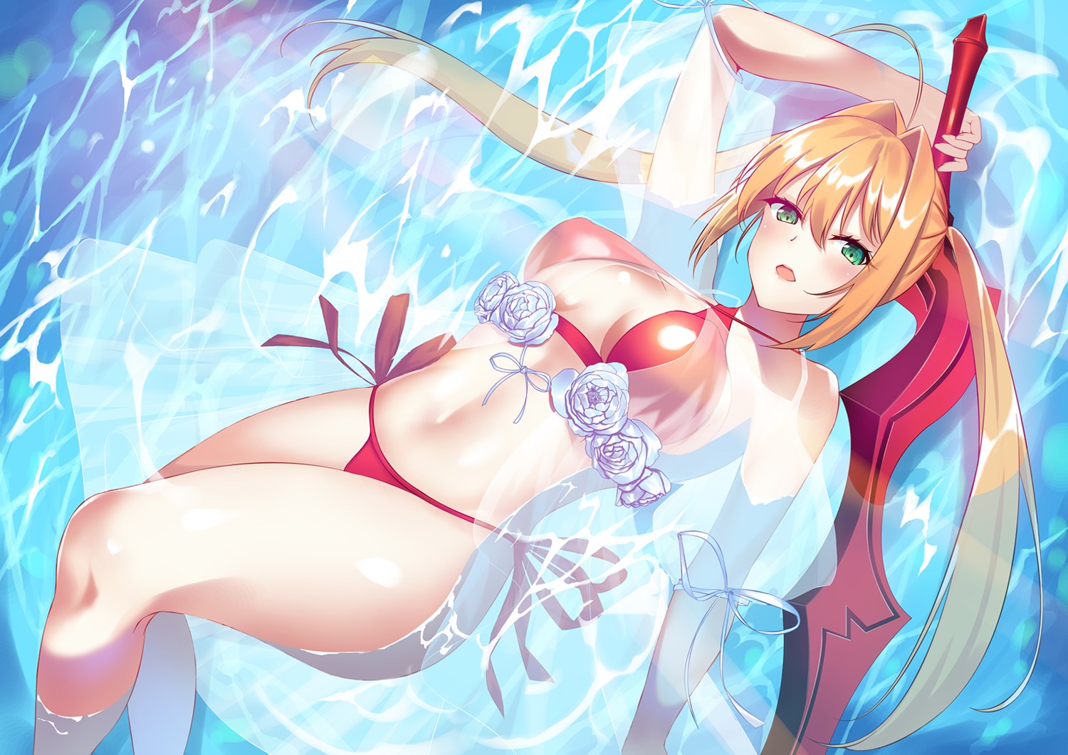 bikini, fate/grand_order, majin_(kiidoumajin), nero_claudius_(fate), see_through, swimsuits, sword, wet