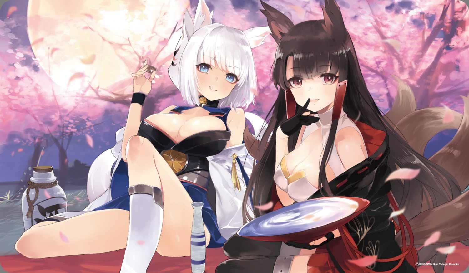 akagi_(azur_lane), animal_ears, azur_lane, cleavage, japanese_clothes, kaga_(azur_lane), kitsune, sake