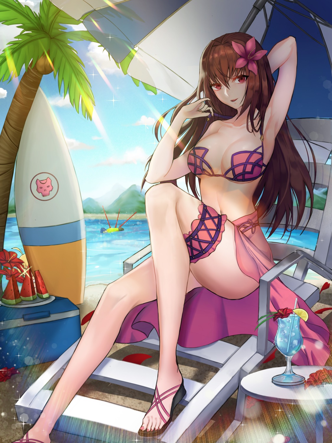 bikini, cleavage, cu_chulainn_(fate), fate/grand_order, garter, heels, scathach_(fate), see_through