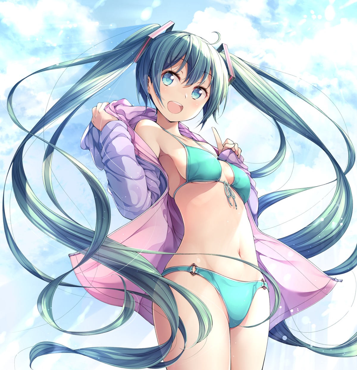 bikini, cleavage, hatsune_miku, matsuuni, open_shirt, swimsuits, undressing, vocaloid