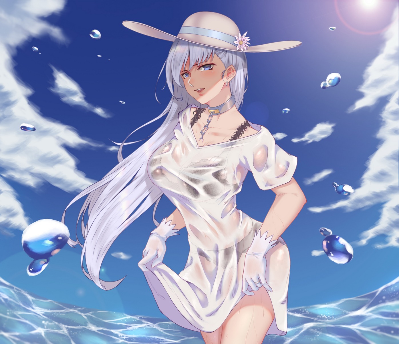 azur_lane, belfast_(azur_lane), bra, cleavage, dress, kamkac, pantsu, see_through, skirt_lift, summer_dress, wet_clothes