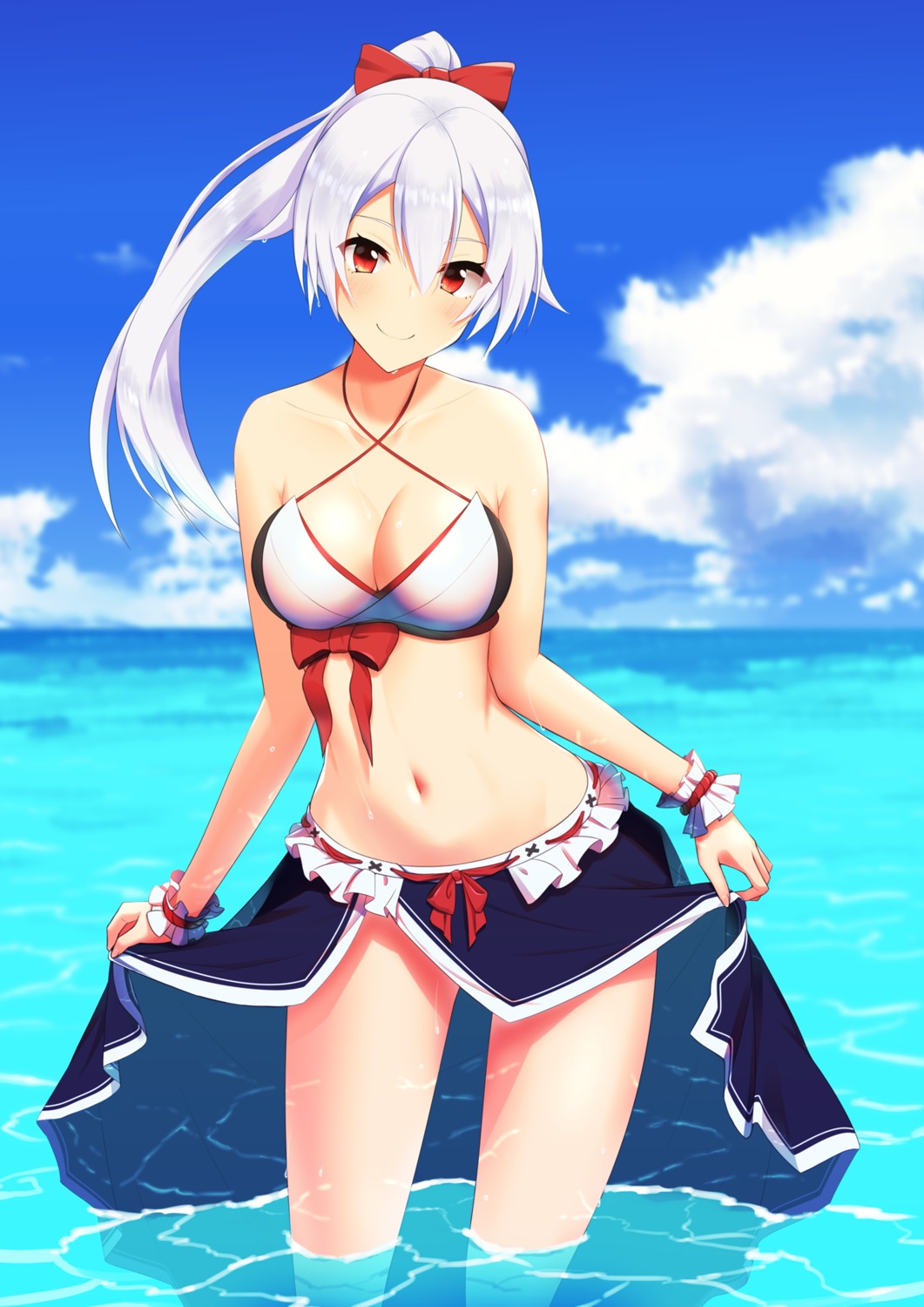 bikini_top, cleavage, fate/grand_order, kuroshiro_(ms-2420), skirt_lift, swimsuits, tomoe_gozen_(fate), wet