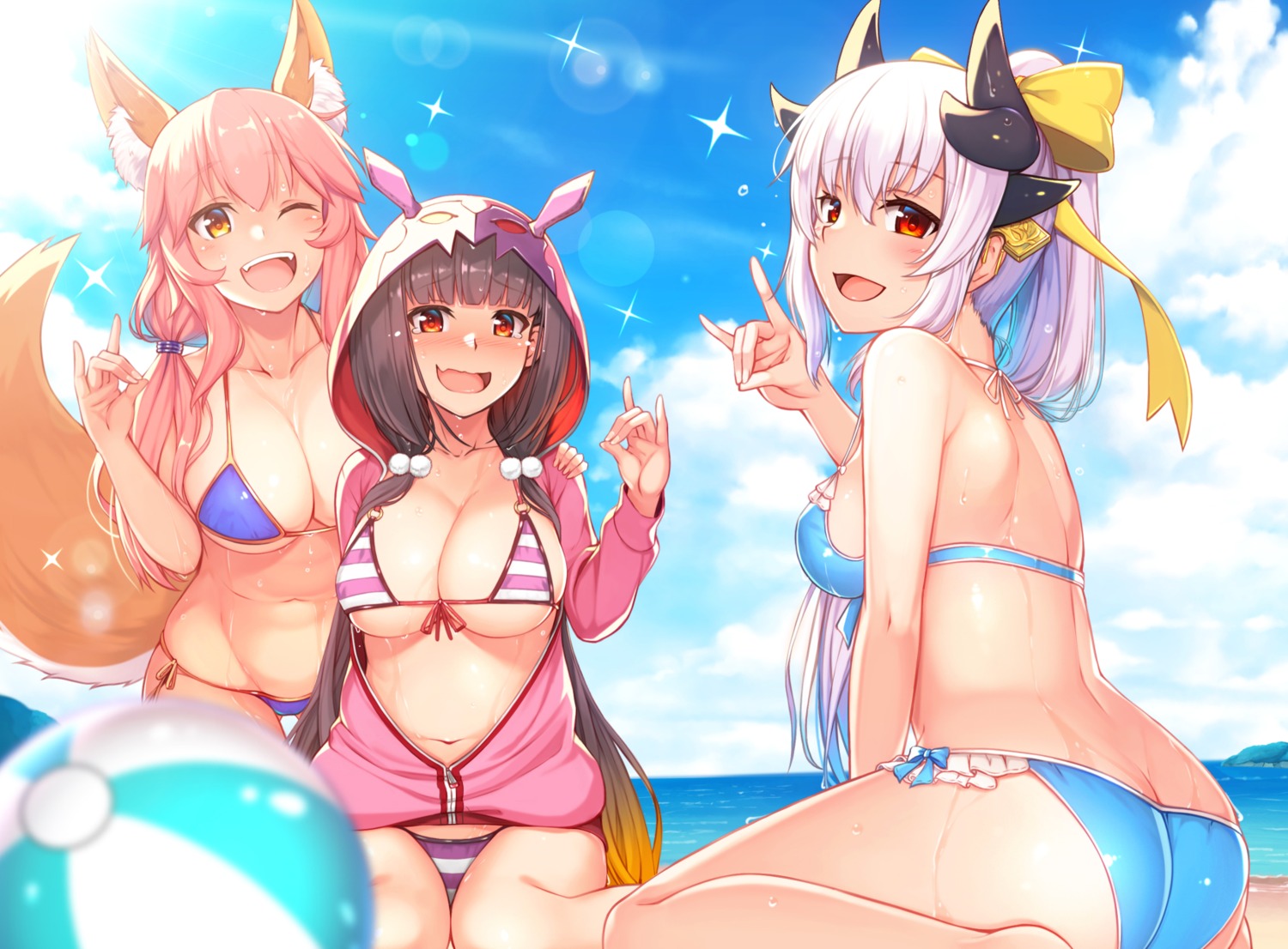 animal_ears, ass, benitsuki_tsubasa, bikini, fate/grand_order, kiyohime_(fate), open_shirt, osakabehime_(fate), swimsuits, tail, tamamo_no_mae