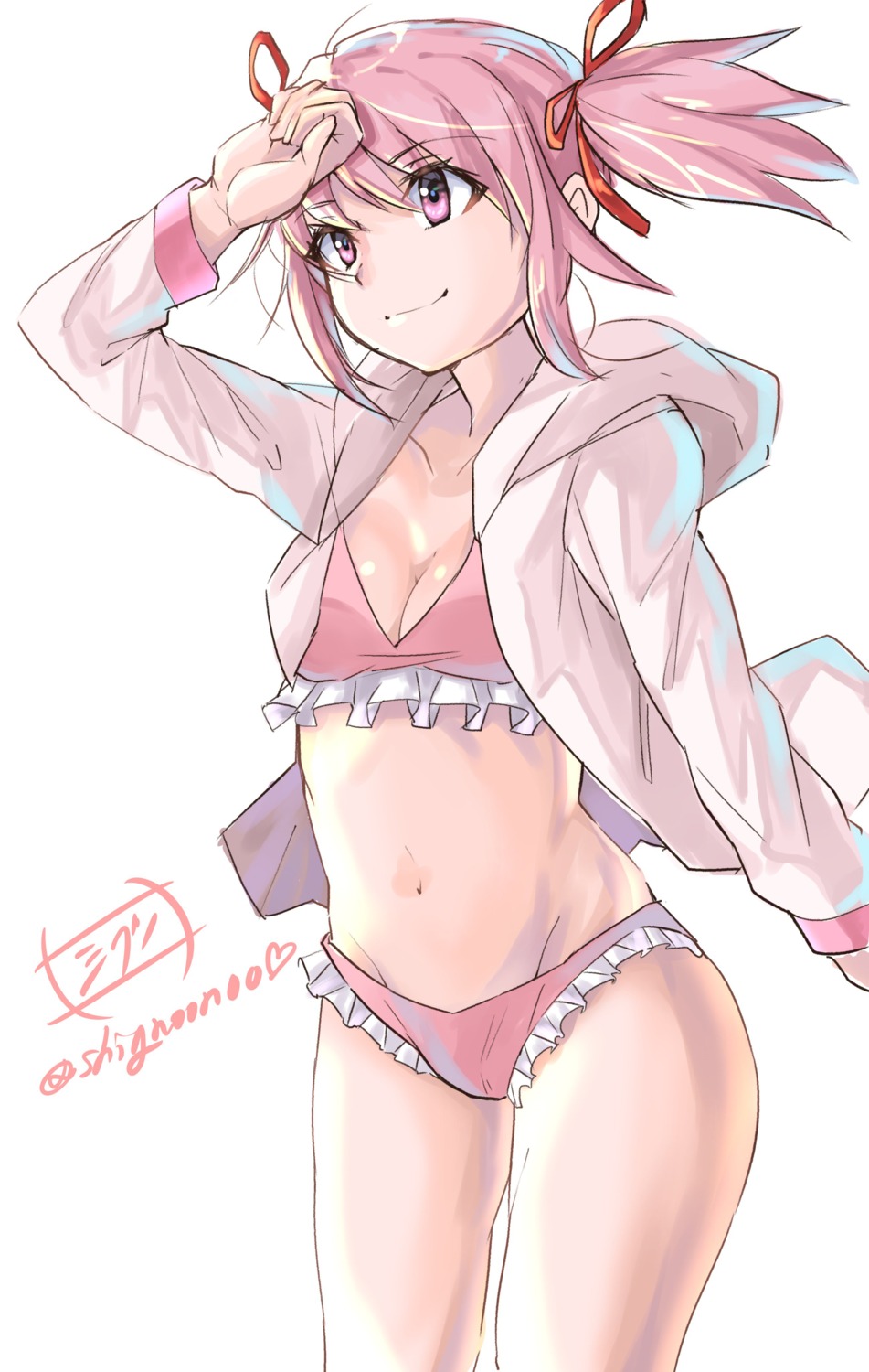 bikini, cleavage, kaname_madoka, mahou_shoujo_madoka_magica, open_shirt, shignonpencil, swimsuits