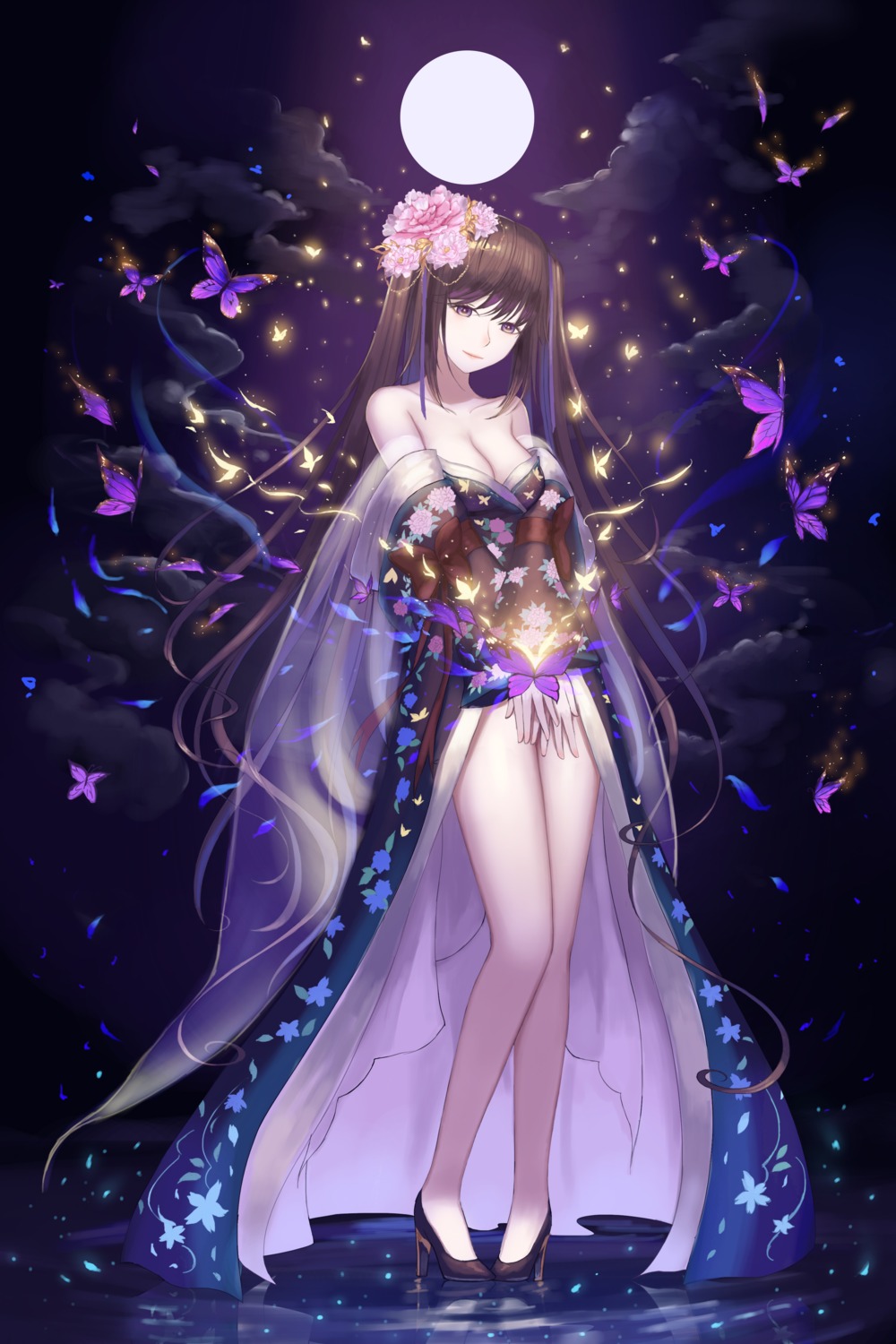 cleavage, heels, japanese_clothes, open_shirt, rinmmo