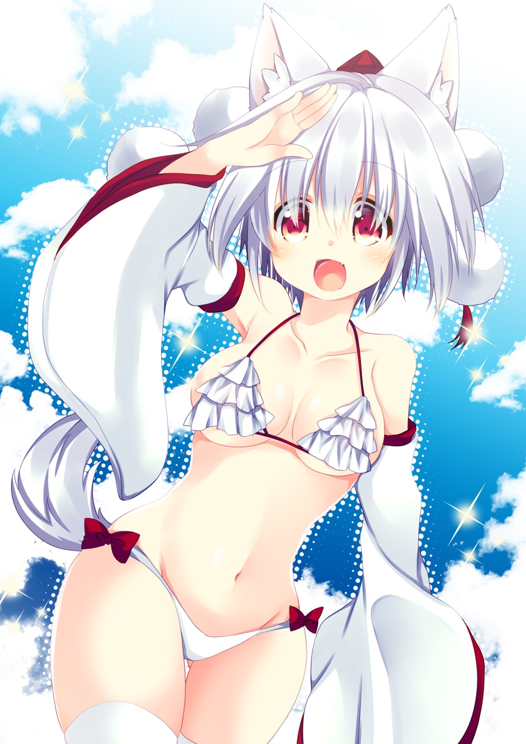 animal_ears, bikini, hikanyan, inubashiri_momiji, swimsuits, tail, thighhighs, touhou