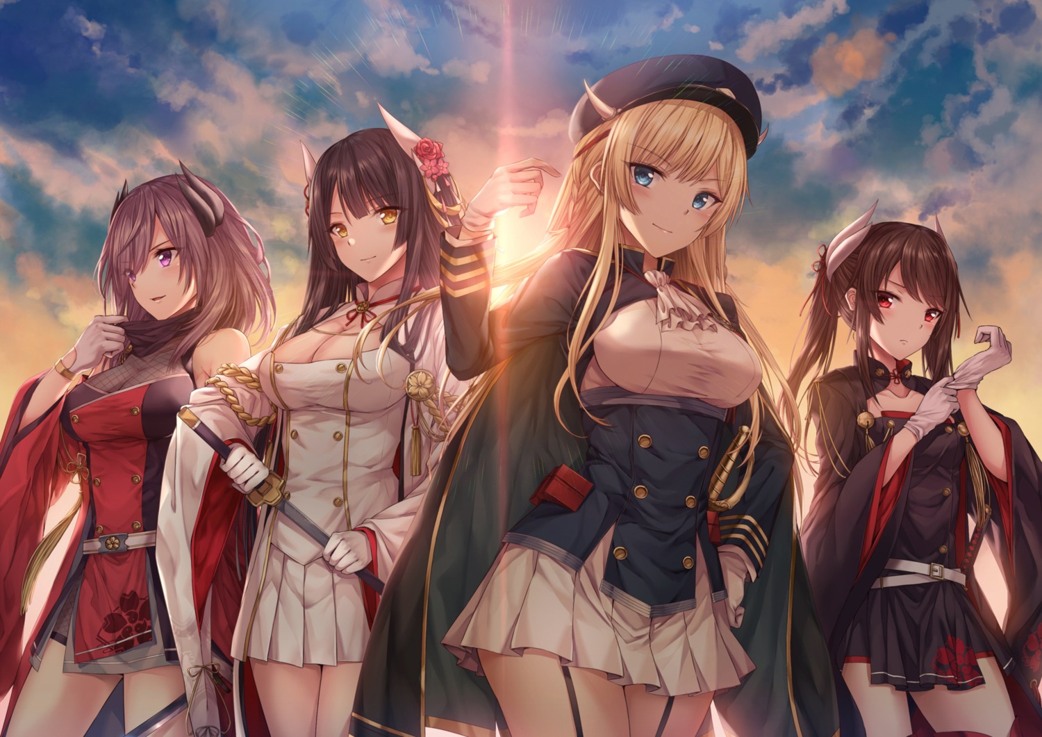 azur_lane, cleavage, haruna_(azur_lane), hiei_(azur_lane), horns, kirishima_(azur_lane), kongou_(azur_lane), luzi