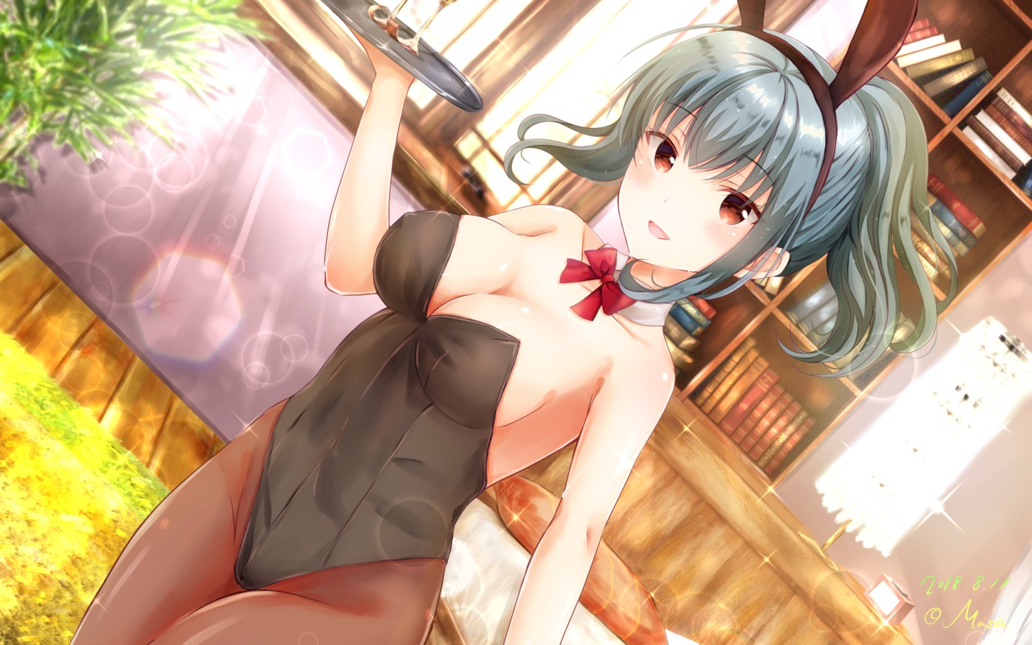animal_ears, bunny_ears, bunny_girl, cleavage, girlfriend_(kari), masa_(mirage77), pantyhose, shinomiya_risa, tail, waitress, wallpaper