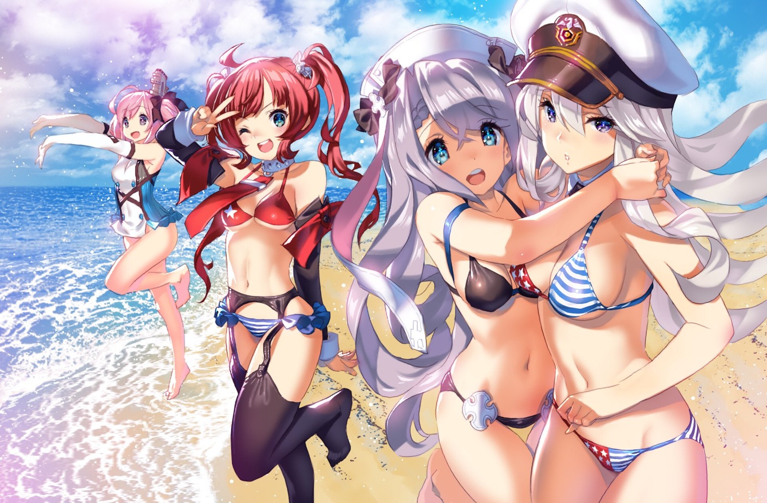 azur_lane, bikini, cleavage, enterprise_(azur_lane), garter_belt, itoh_ben, san_diego_(azur_lane), saratoga_(azur_lane), stockings, swimsuits, thighhighs, underboob, vestal_(azur_lane)